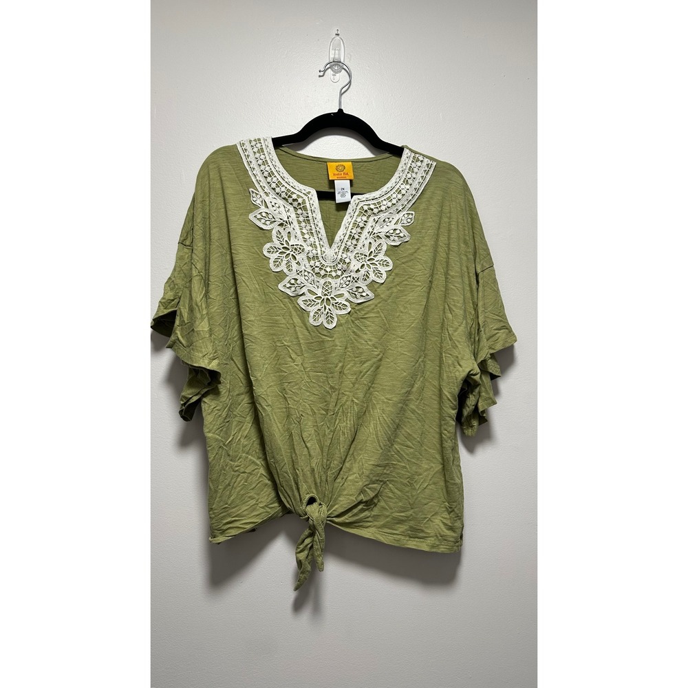Ruby Rd Woman Green Lace V-Neck Ruffle Sleeve Tie Front Top 2X
